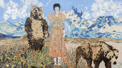 Maria Berrio. East of the Sun, West of the Moon (2016), collage w/ Japanese paper on canvas, 72” x 110”