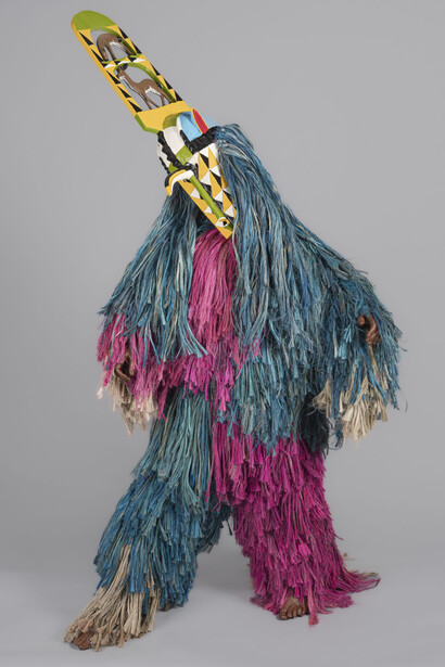 David Sanou (headpiece carved in the studio of André Sanou); the maker of the body requests anonymity, Kimi masquerade ensemble in honor of André Sanou’s “Qui Dit Mieux?”, 2022. Courtesy of the Frist Art Museum