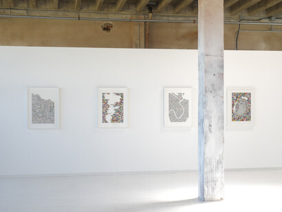 Lordy Rodriguez: The Shape of Us, L–R: Citarum Watershed, Indonesia (2022); The Ogallala (2022); Venice (2022); Aral Seas (2022), installation view. Courtesy of the artist and Hosfelt Gallery