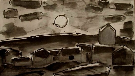 Josef Herman 1911-2000, Fishing port in moonlight, 1950s, Pen and wash on paper
6 3/4 x 8 1/2 in, 17.1 x 21.6 cm