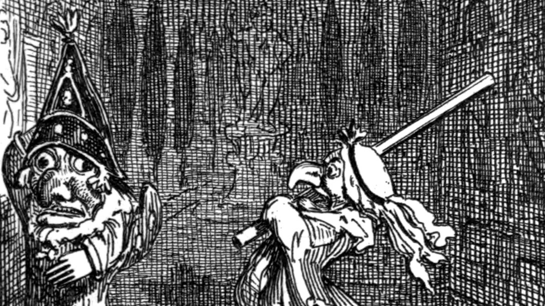 "Judy golpea a Punch", ilustración, George Cruickshank, 1870