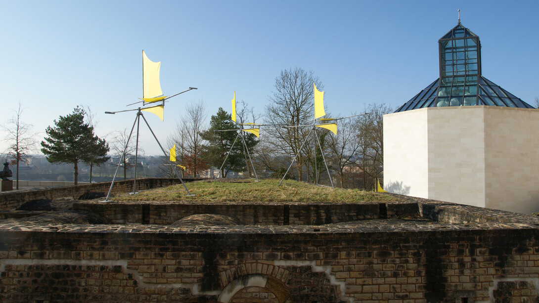 Susumu Shingu 

Wind Caravan, 2000 (détail)
Groupe de 21 sculptures
Acier, fibre de carbone, toile en polyester
526 x ø 600 cm et 590 x ø 760 cm
Courtesy l'artiste et Galerie Jeanne Bucher Jaeger

Vue de l'installation dans le Park Dräi Eechelen, Mudam Luxembourg, 2018, © Susumu Shingu
Mudam Luxembourg, Ieoh Ming Pei Architect Design
