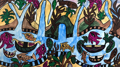 Baya, Jardin d’Éden, 1966. Gouache sur papier, collection particulière