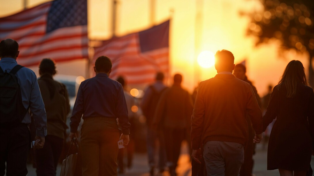 Citizens moving forward beneath American flags, symbolizing a collective journey toward a brighter future
