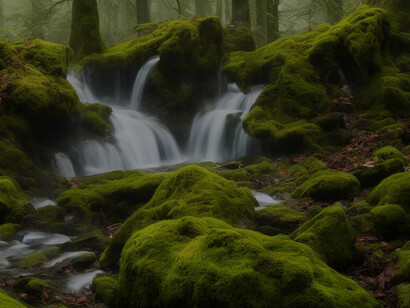 Amidst the lush greenery of the forest, a cascade of water gracefully descends over moss-covered rocks, creating a captivating waterfall scene