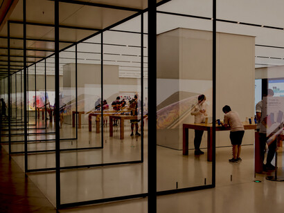 Sleek minimalist interior of an Apple Store in Amsterdam, Netherlands