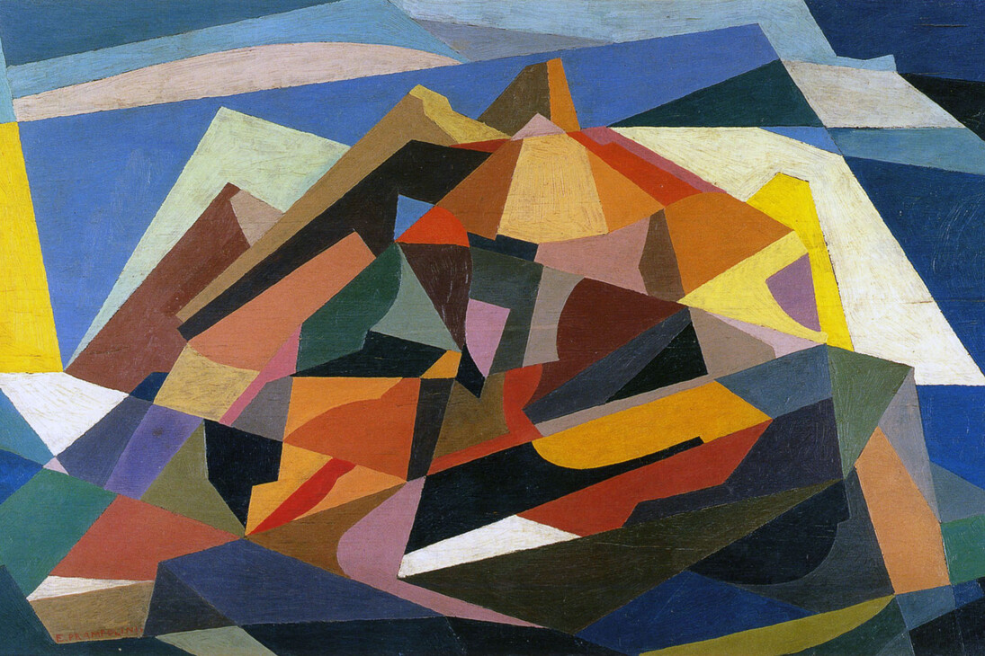 Enrico Prampolini, Simultaneità architettonica,1921 ca, oil on board, 50,8 x 82,4 cm, Collezione M. Carpi, Roma