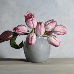 James Gillick, Pale Pink Tulips in a Ginger Pot, Signed, Oil on linen over panel, 15 x 18.75ins (38.2 x 47.6cm) © James Gillick
