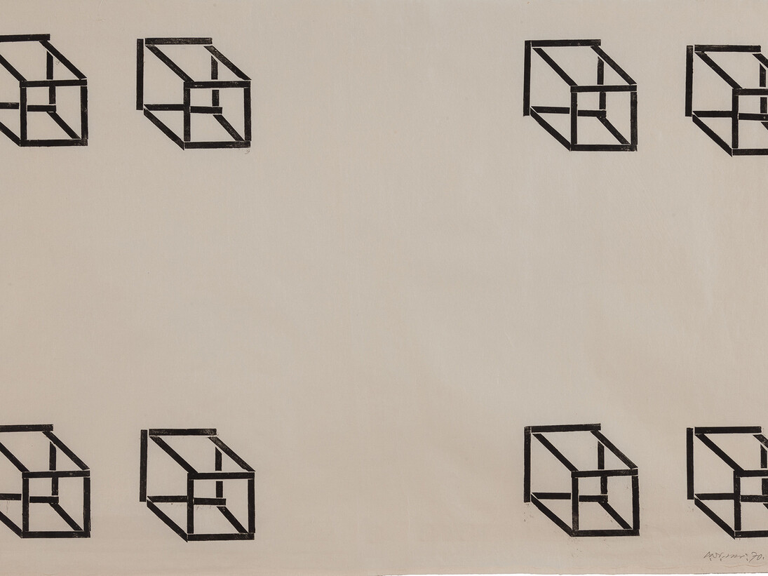 Carel Visser, 8 cubes / kubussen, 1970, Woodcut on rice paper, 60 x 91 cm, 23 5/8 x 36 inches