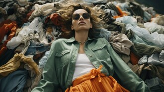A woman surrounded by clothing piles underscores the urgent necessity for ecological alternatives in light of the environmental challenges posed by the textile industry